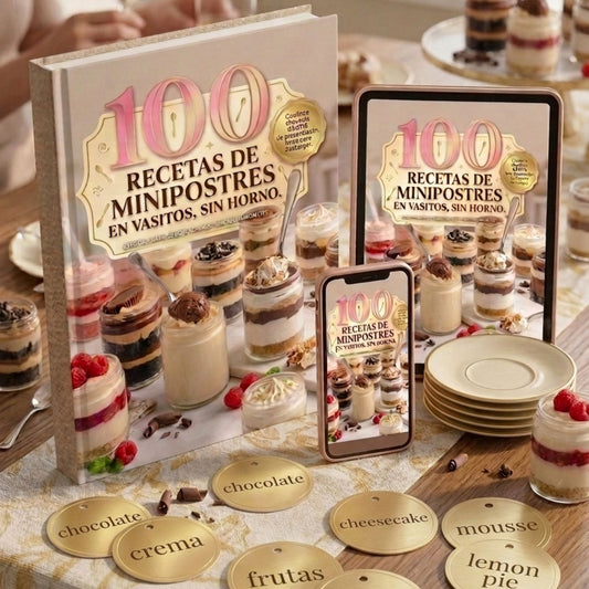 Kit 100 Recetas de Minipostres en Vasitos, Sin Horno + 61 etiquetas listas para usar